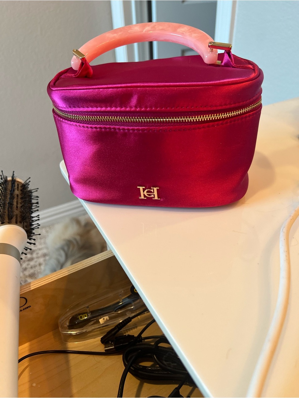Carolina Herrera Satin Fuchsia Cosmetic Case with Pink Handle